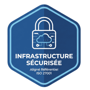 Badge Infrastructure Sécurisée indiquant un alignement au référentiel ISO 27001 pour l'hébergement des données en France.
