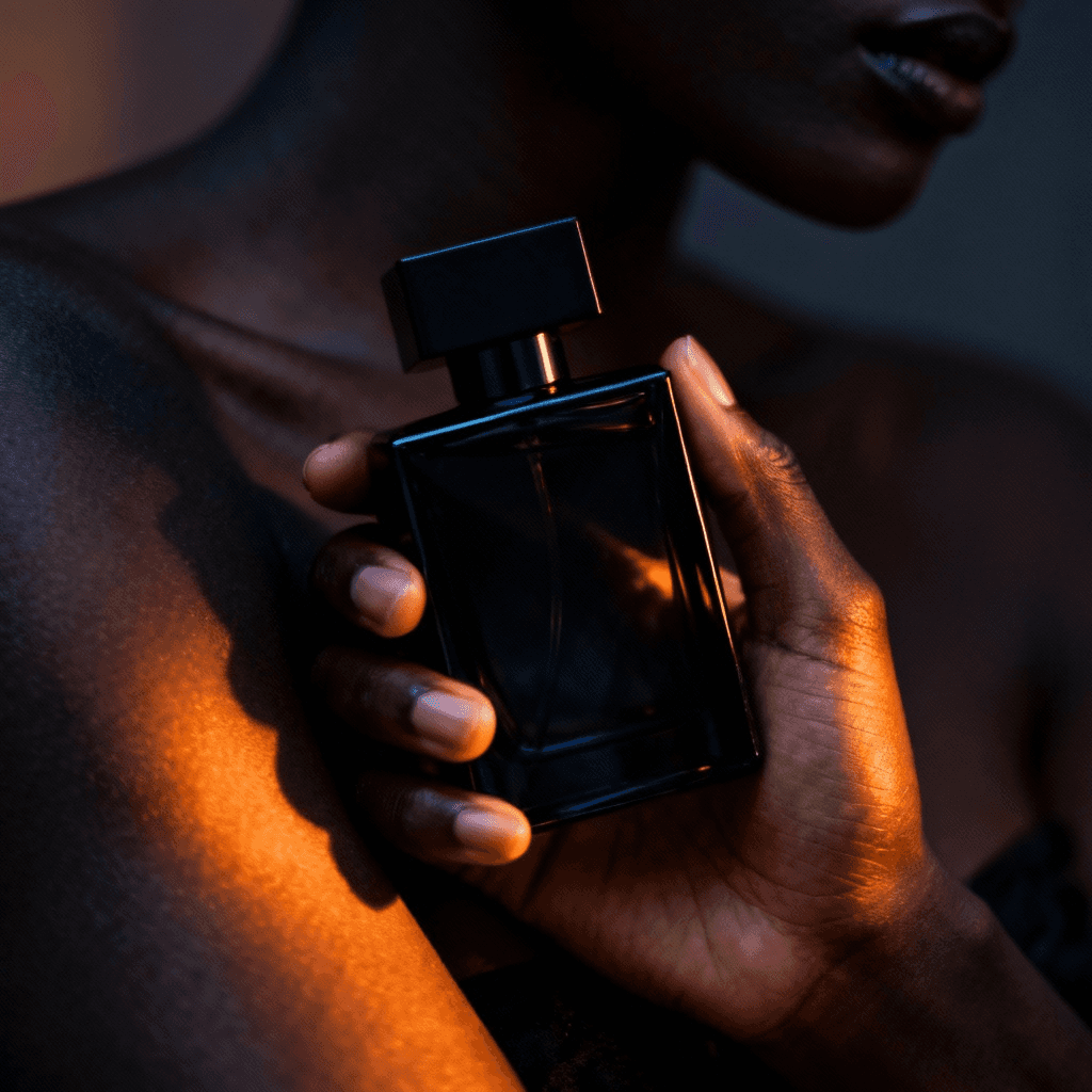 Black lady holding perfume bottle against black lady's body