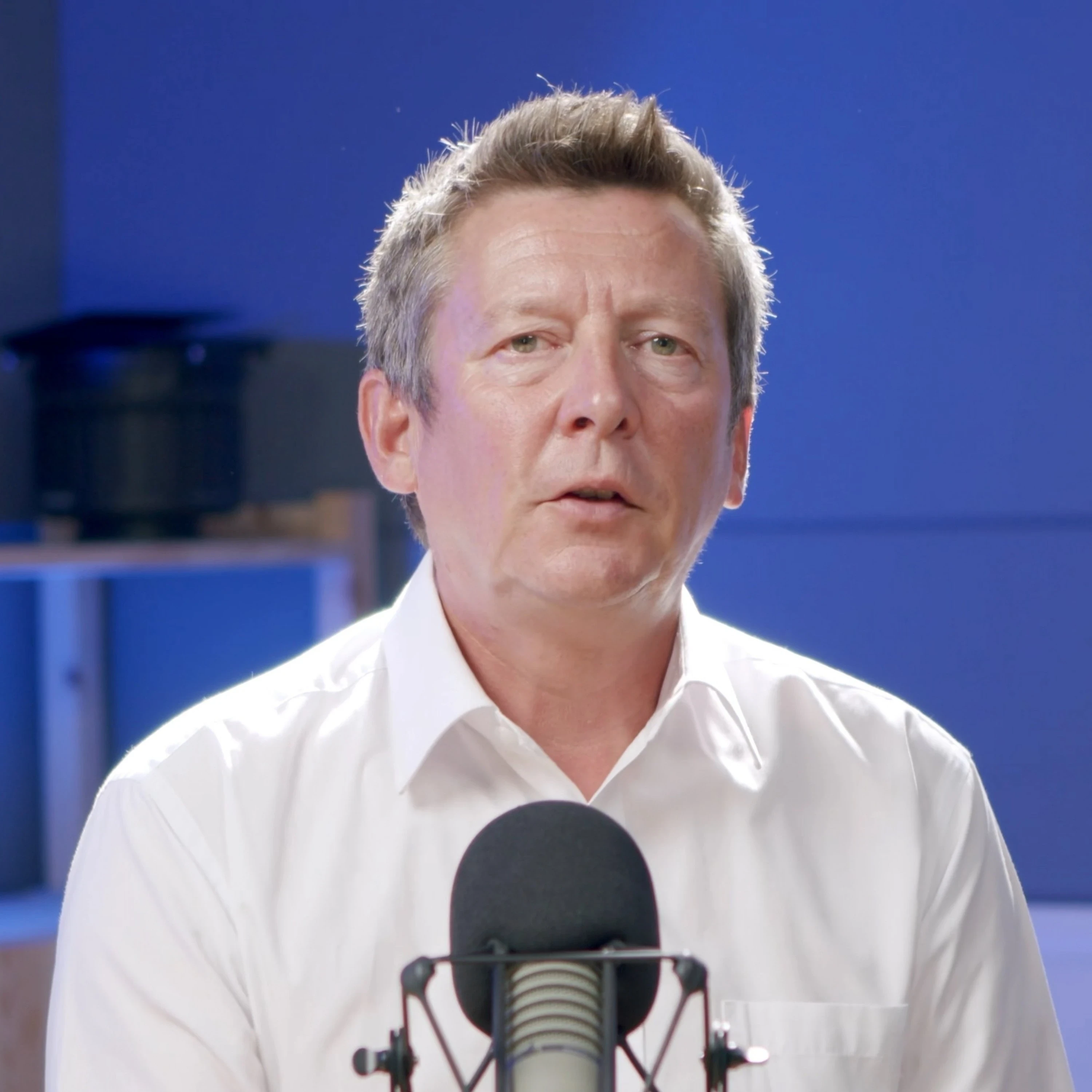 Andrew Muir, Creative Director at Ardent Theatre Company, recording a video podcast at the Creative Kin London podcasting studio at Royal Arsenal