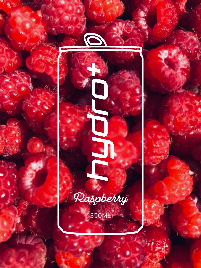Hydro Plus hydration drink branding showcasing a minimalist can outline over a vibrant Raspberry background.