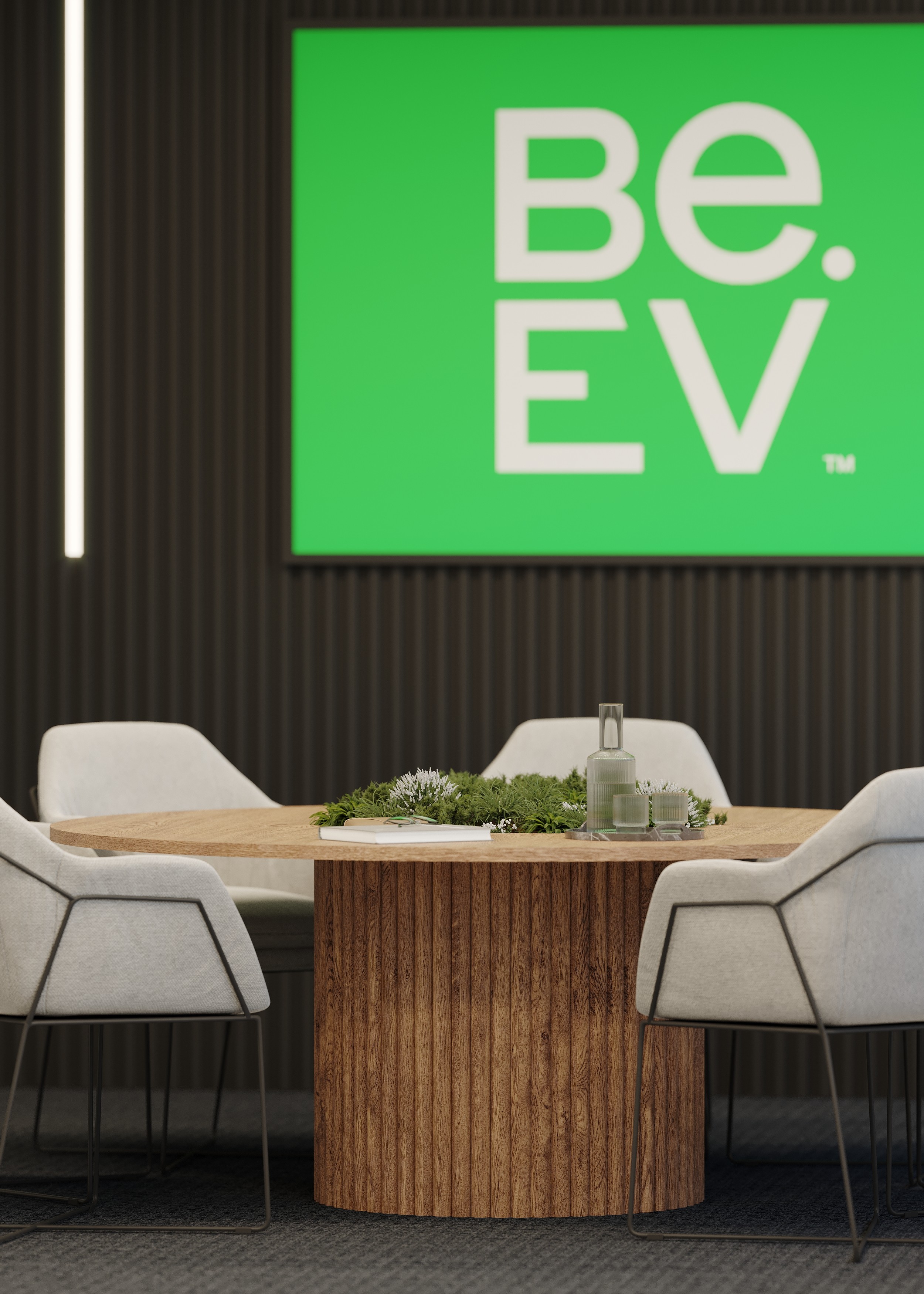 Bespoke branding signage in meeting room with stylish loose furniture 