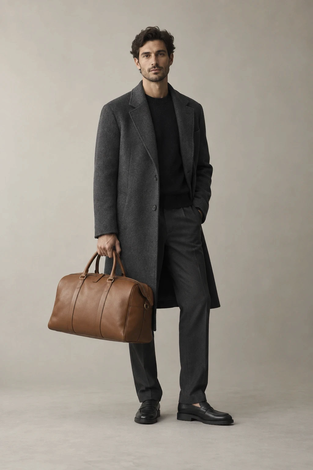 Man carrying a tan leather holdall