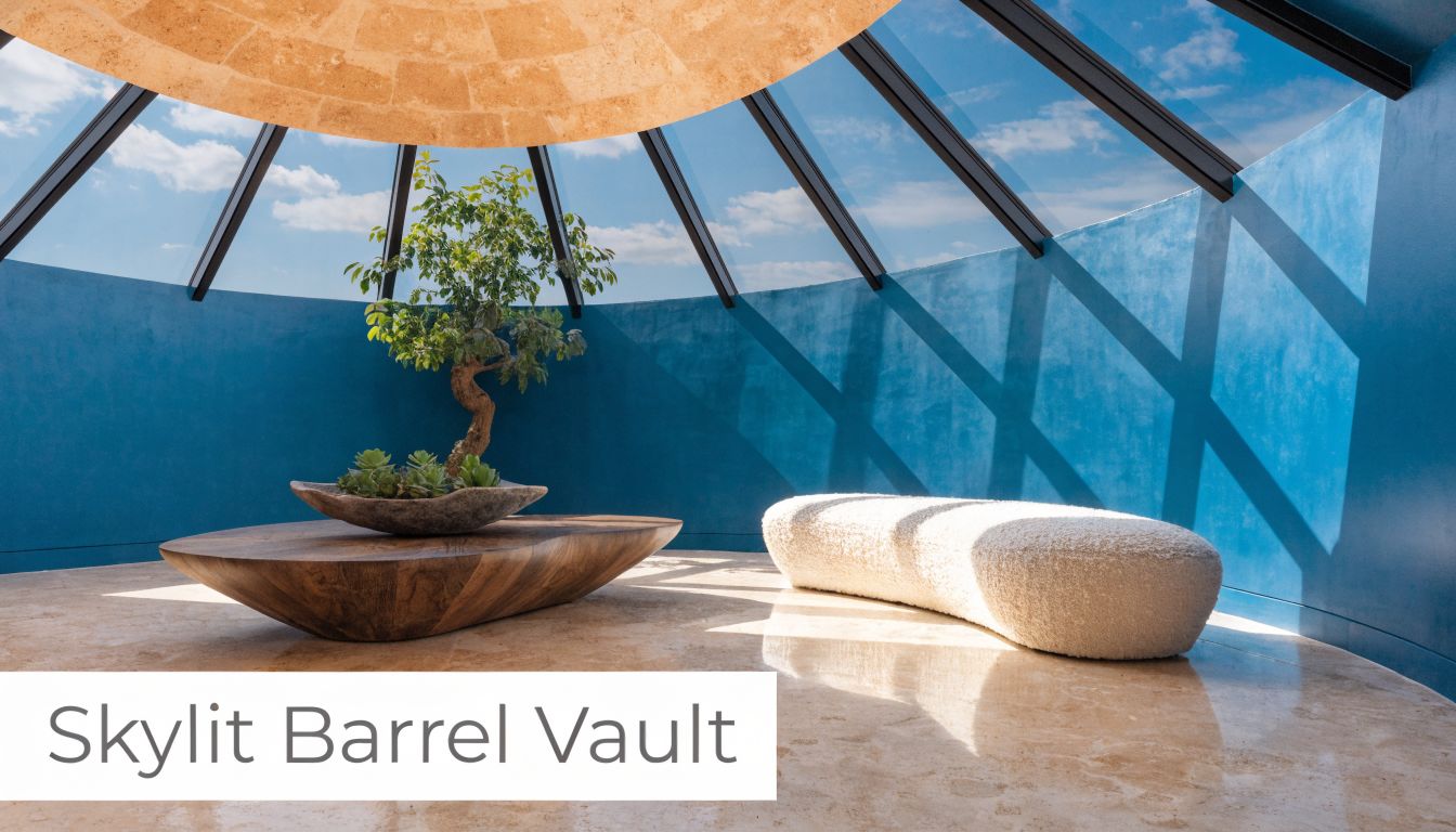A modern circular room featuring a skylit barrel vault, a wooden table with a bonsai, and a curved sofa.