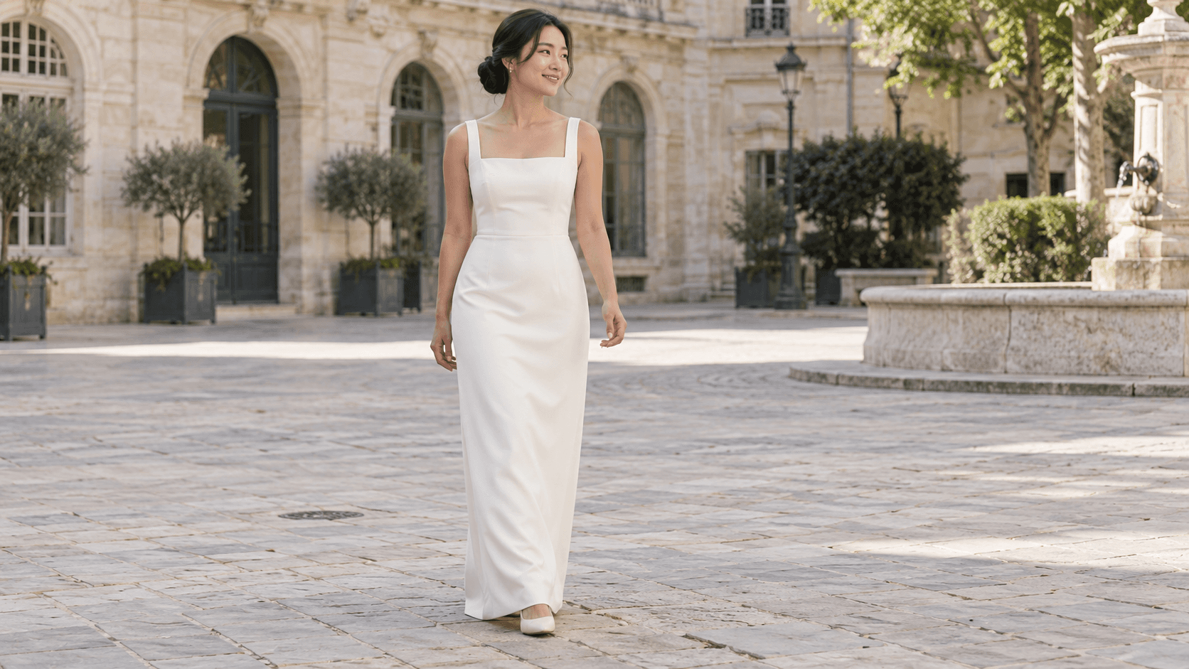 Une femme porte une robe longue ivoire épurée à encolure carrée, sur une place pavée.