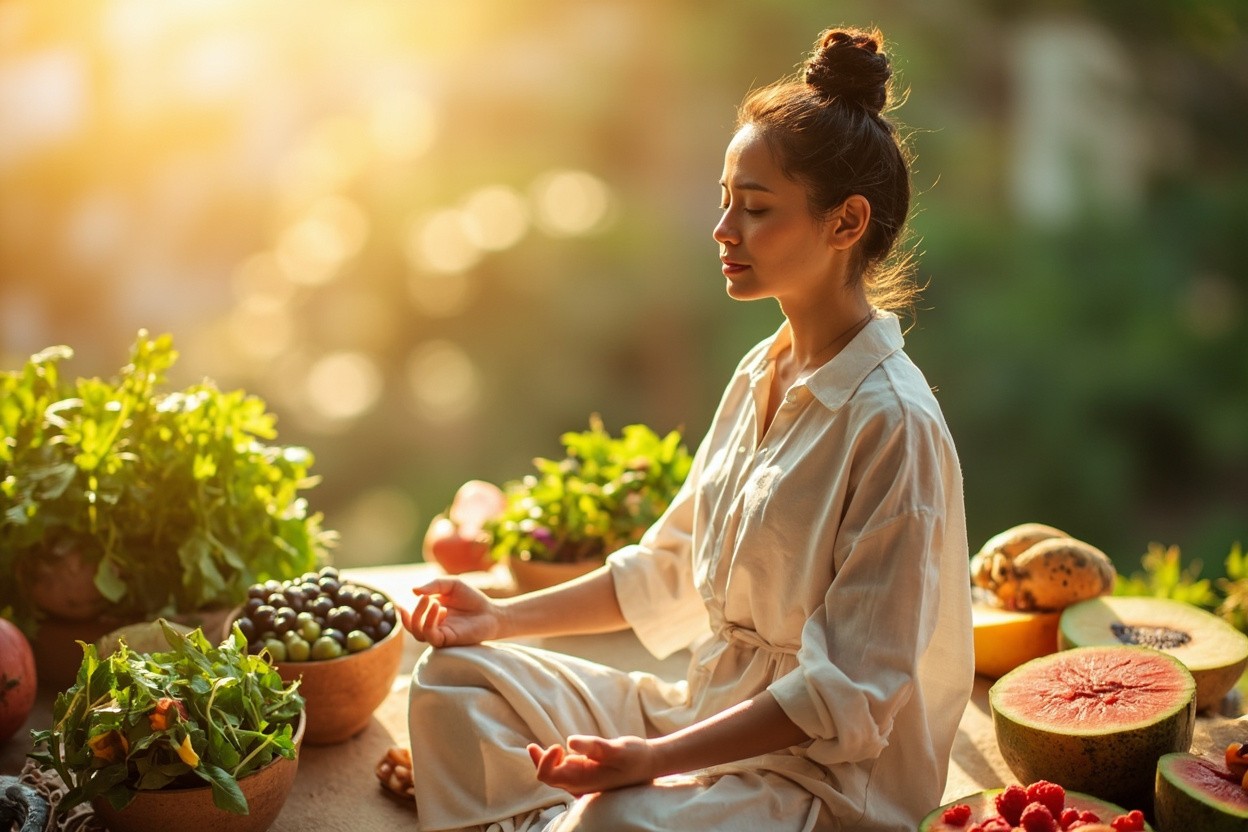Person meditating surrounded by healthy food, representing hypnotherapy for weight loss.