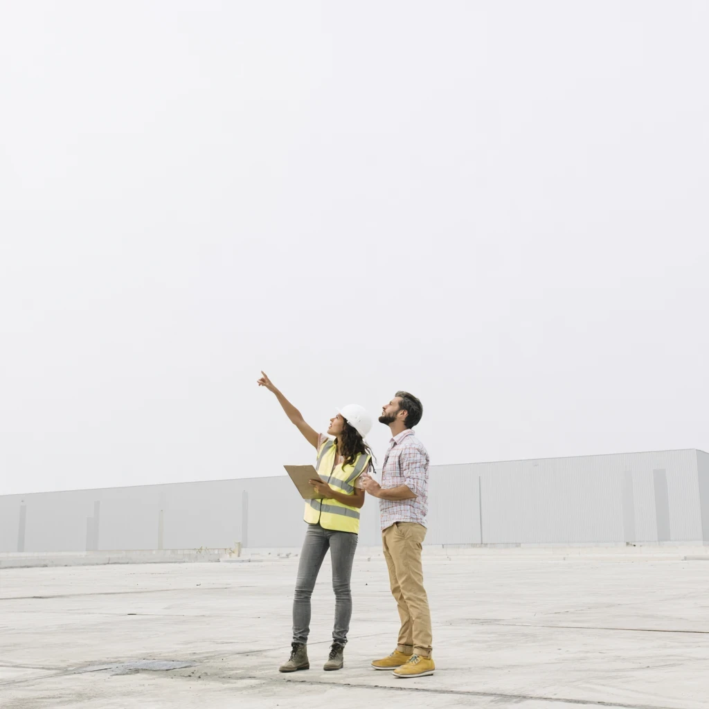 Two colleagues in high-visibility vests looking up across an open industrial yard