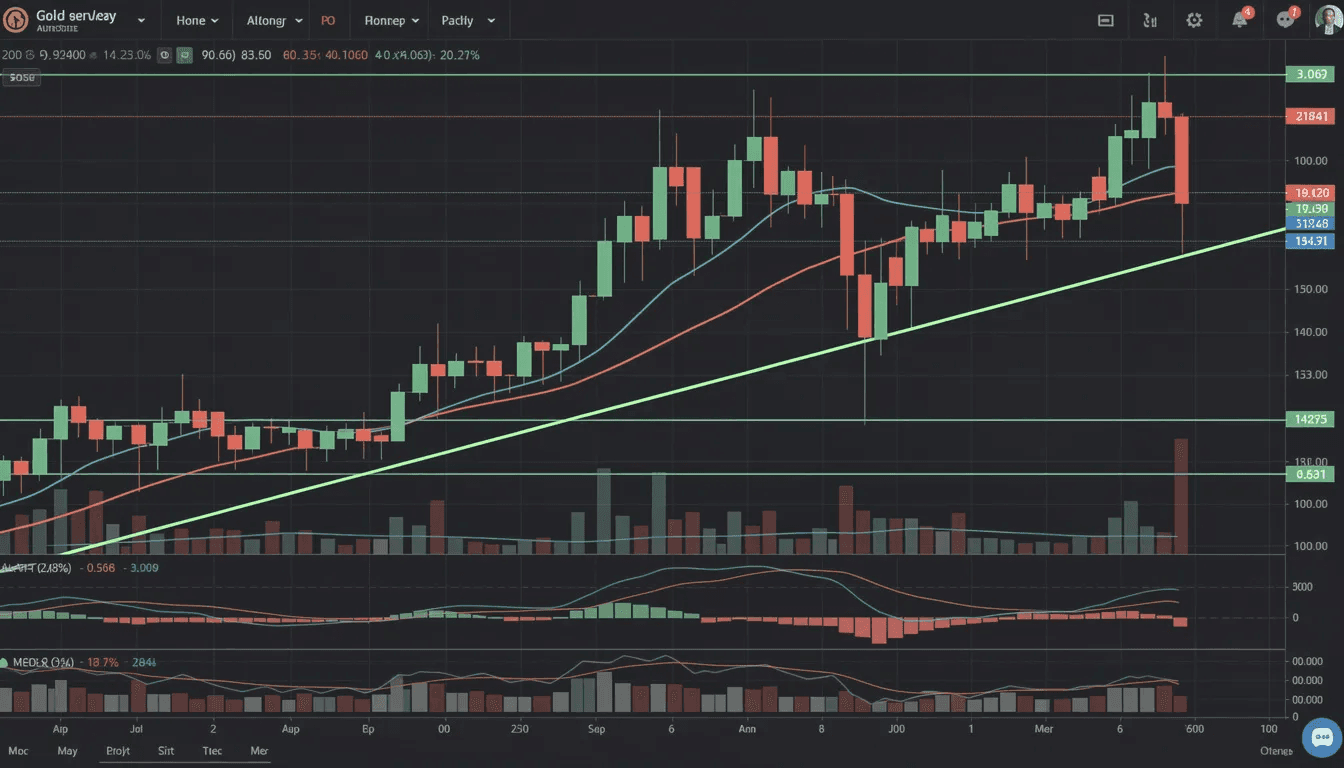 The image depicts a technical analysis chart illustrating the movements of gold prices, featuring clearly marked support and resistance lines. This chart serves as a tool for investors in the gold market to analyze price activity and make informed decisions regarding gold futures and other precious metals.