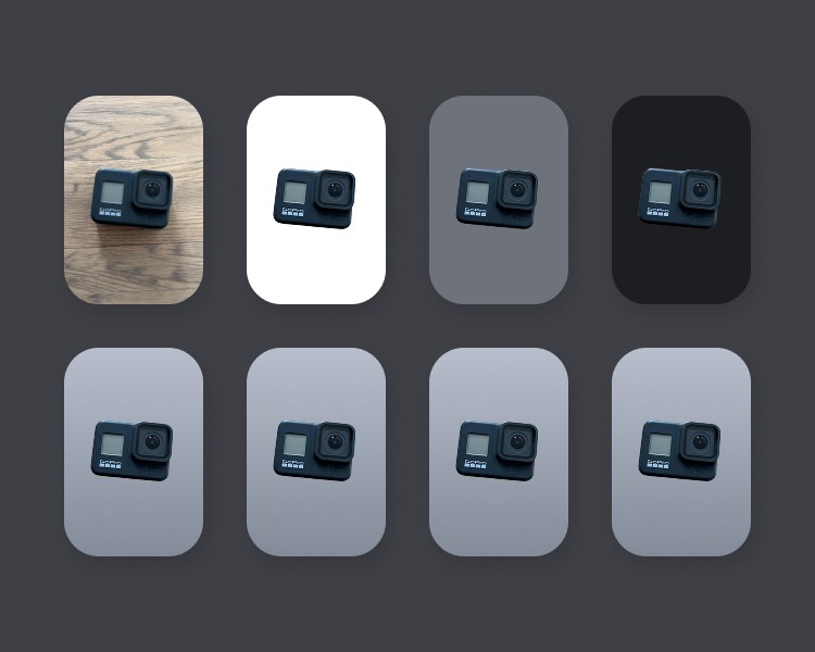App interface showing multiple versions of a product photo with backgrounds removed or replaced
