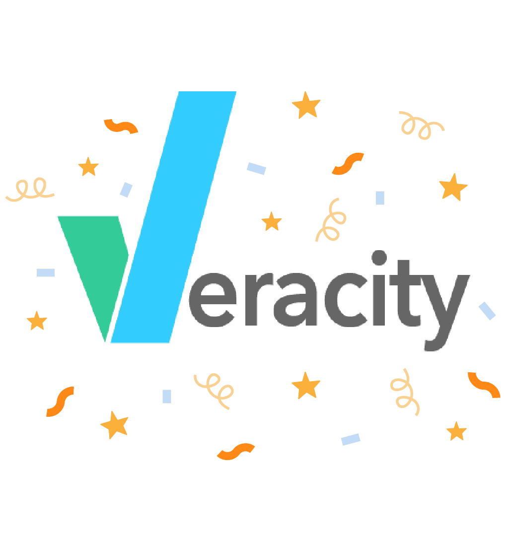 Veracity's logo with orange and blue confetti around it.