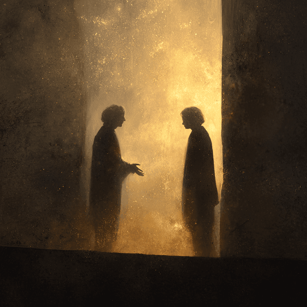 Two figures captured from behind or in silhouette, standing across from each other in a quiet, atmospheric setting hands outstretched but not touching between them, a glowing invisible contract made of golden threads or light particles suspended mid-air, subtly illuminating their forms. The environment is minimalist but meaningful: warm natural textures (stone, wood), ambient golden hour light filtering in, long shadows, evoking reverence, trust, and gravity. No visible facial features. The moment feels sacred a quiet agreement, a bond formed through understanding. Evokes a deep sense of alignment, truth, and shared purpose between brand and buyer.