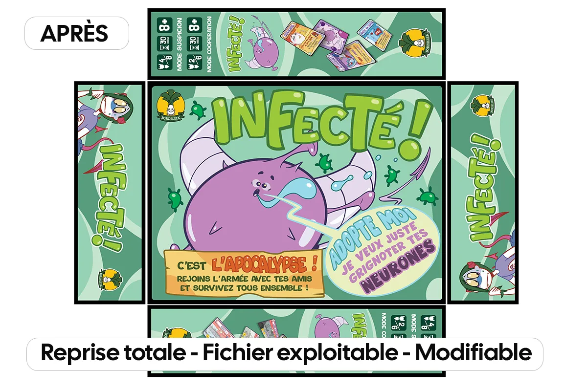 Packaging de jeu de société « Infecté ! » reconstruit en fichier exploitable, avec corrections des éléments graphiques et des erreurs du visuel généré par IA.