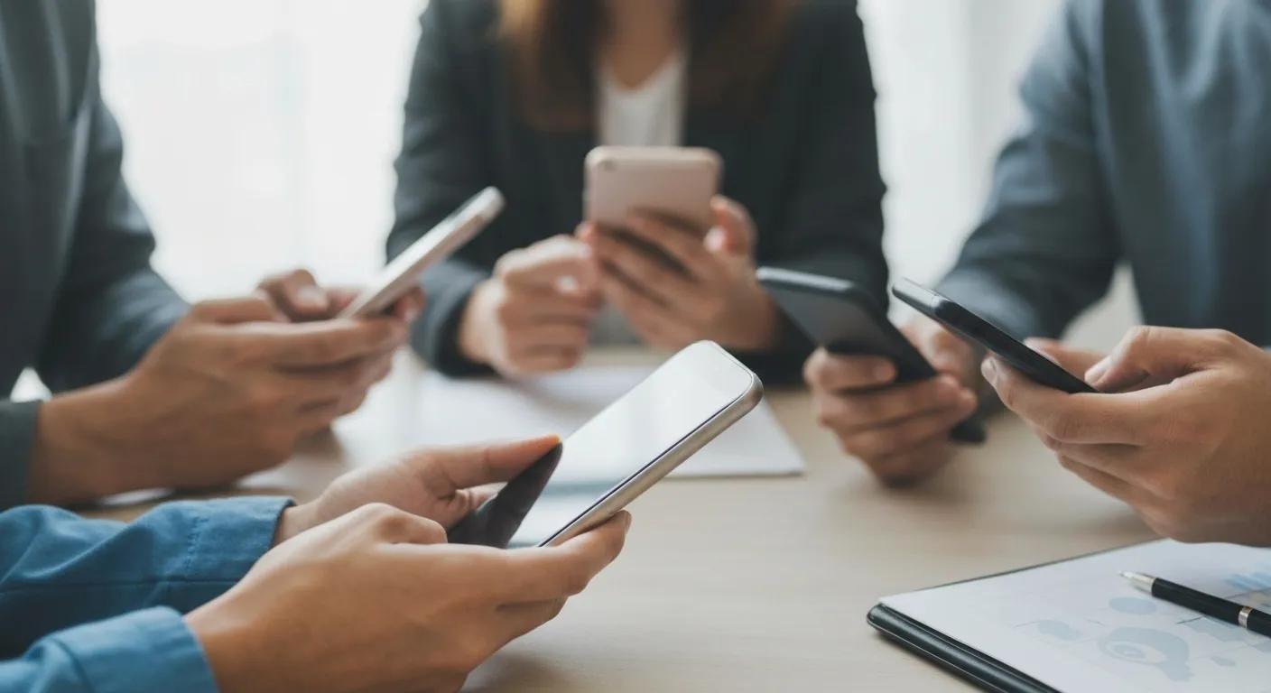 Four people sit around a table using their smartphones, symbolizing collaboration and productivity in content repurposing and social media reuse.