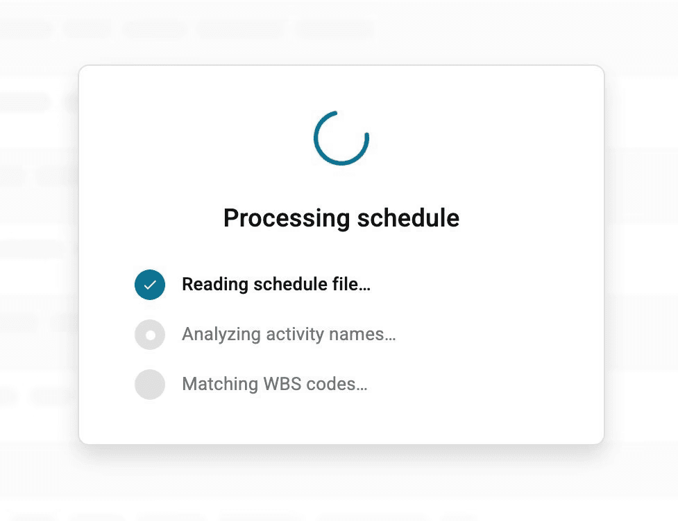 Processing modal with a stepped checklist showing read, analyze, and match progress while the AI processes the uploaded schedule.