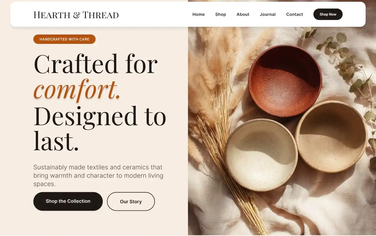 Hero section of the Hearth & Thread website showcasing handcrafted textiles and ceramics. The text reads 'Crafted for comfort. Designed to last.' with a focus on sustainably made products for modern living spaces.