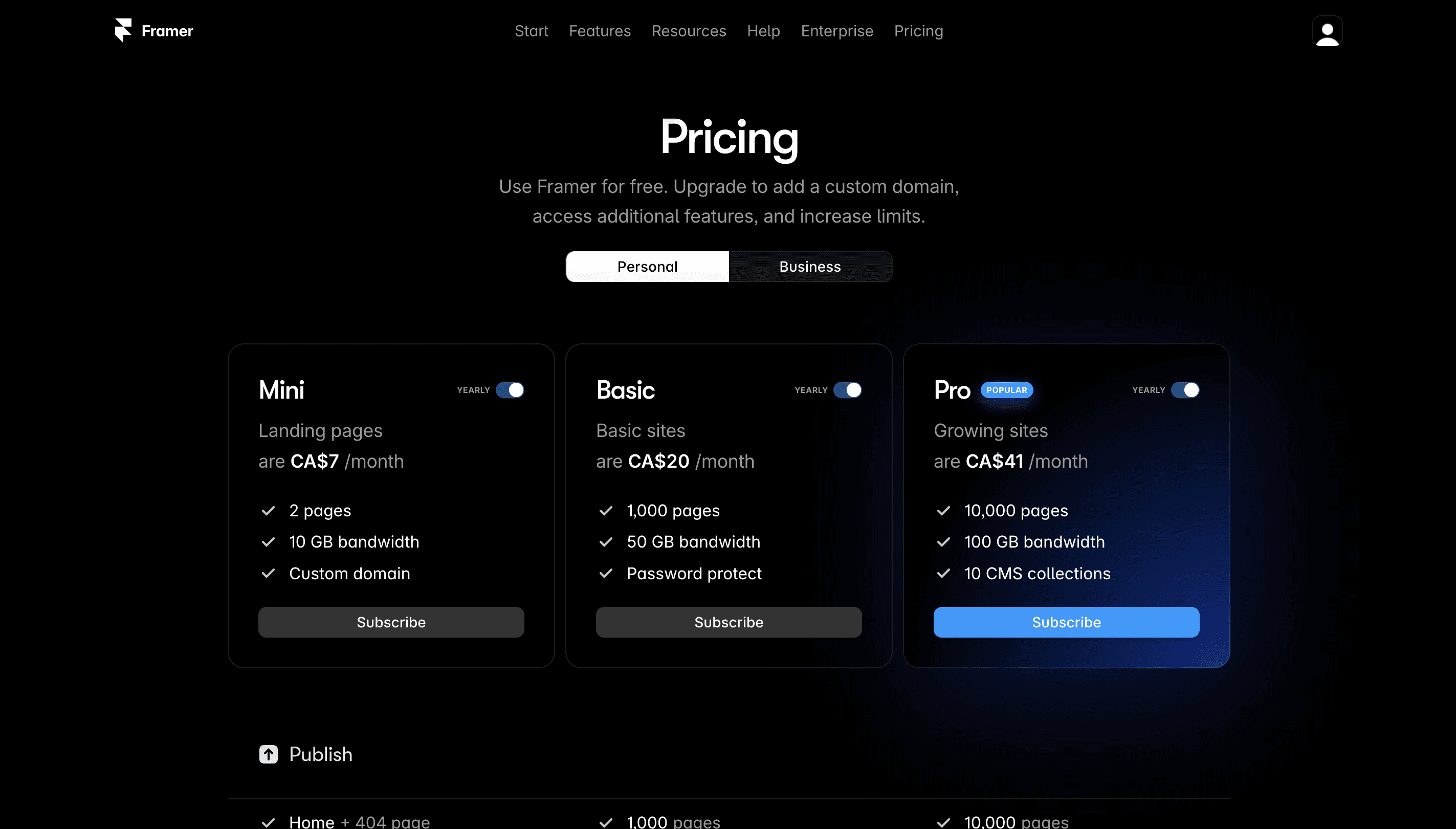 Framer pricing page