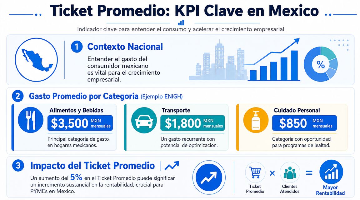 Infografía sobre el ticket promedio como KPI clave para entender el consumo y la rentabilidad empresarial en México.