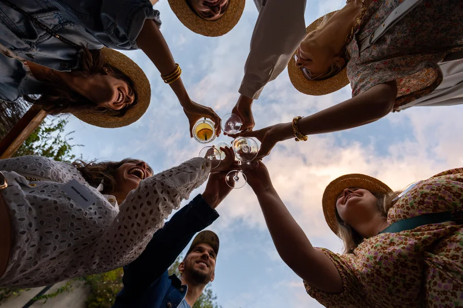 Participants levant leurs verres, photographiés en contre-plongée lors de l’anniversaire de M. Moustache.