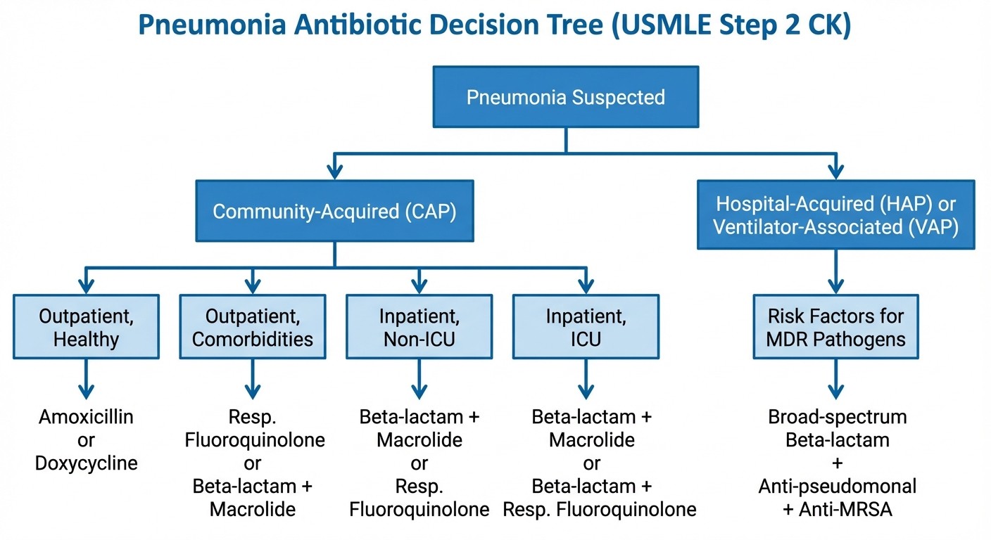 Pneumonia antibiotic selection algorithm for USMLE Step 2 CK showing CAP vs HAP treatment decisions