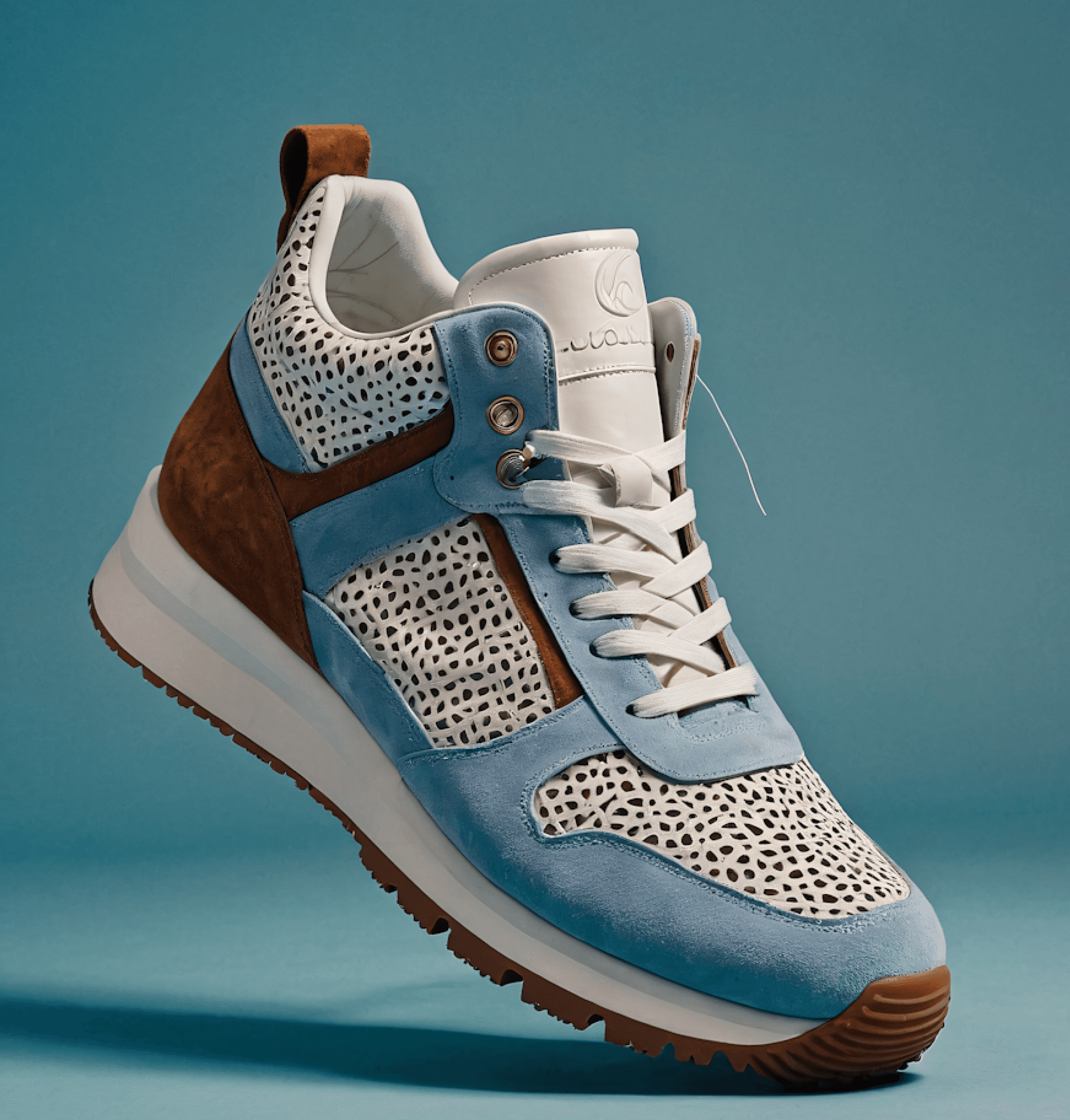 A stylish sneaker with a mix of materials and colors, including light blue suede
