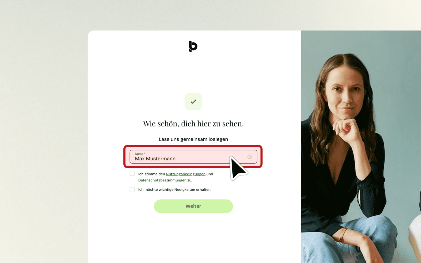 Formular mit Eingabefeld ‚Name' und der Überschrift ‚Wie schön, dich hier zu sehen'