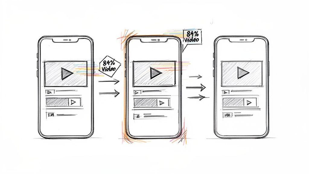 Three mobile phone wireframes depicting video content, with the central phone highlighted showing '84% Video'.