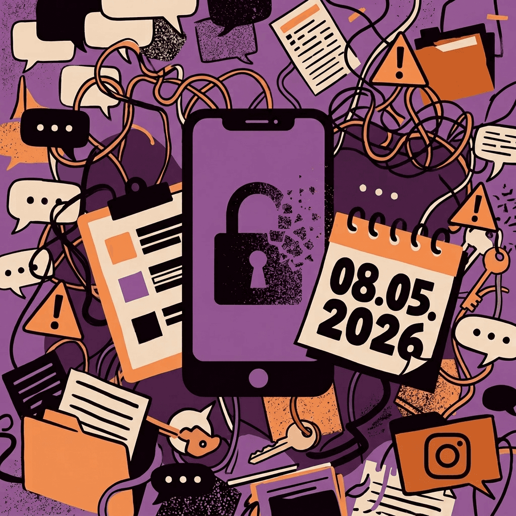 Illustration in Violett und Orange mit einem Smartphone in der Mitte, auf dessen Display ein Schloss-Symbol zu sehen ist. Rundherum liegen Symbole für Kommunikation und Datenschutz, darunter Sprechblasen, Warnschilder, Dokumente, ein Klemmbrett und ein Kalenderblatt mit dem Datum „08.05.2026“. Unten rechts ist ein Instagram-Kamera-Logo eingefügt.