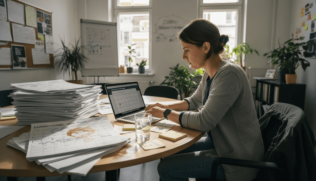 Eine Führungskraft sitzt mit ihrem Team am Konferenztisch und plant die Inhalte für den kommenden Monat.