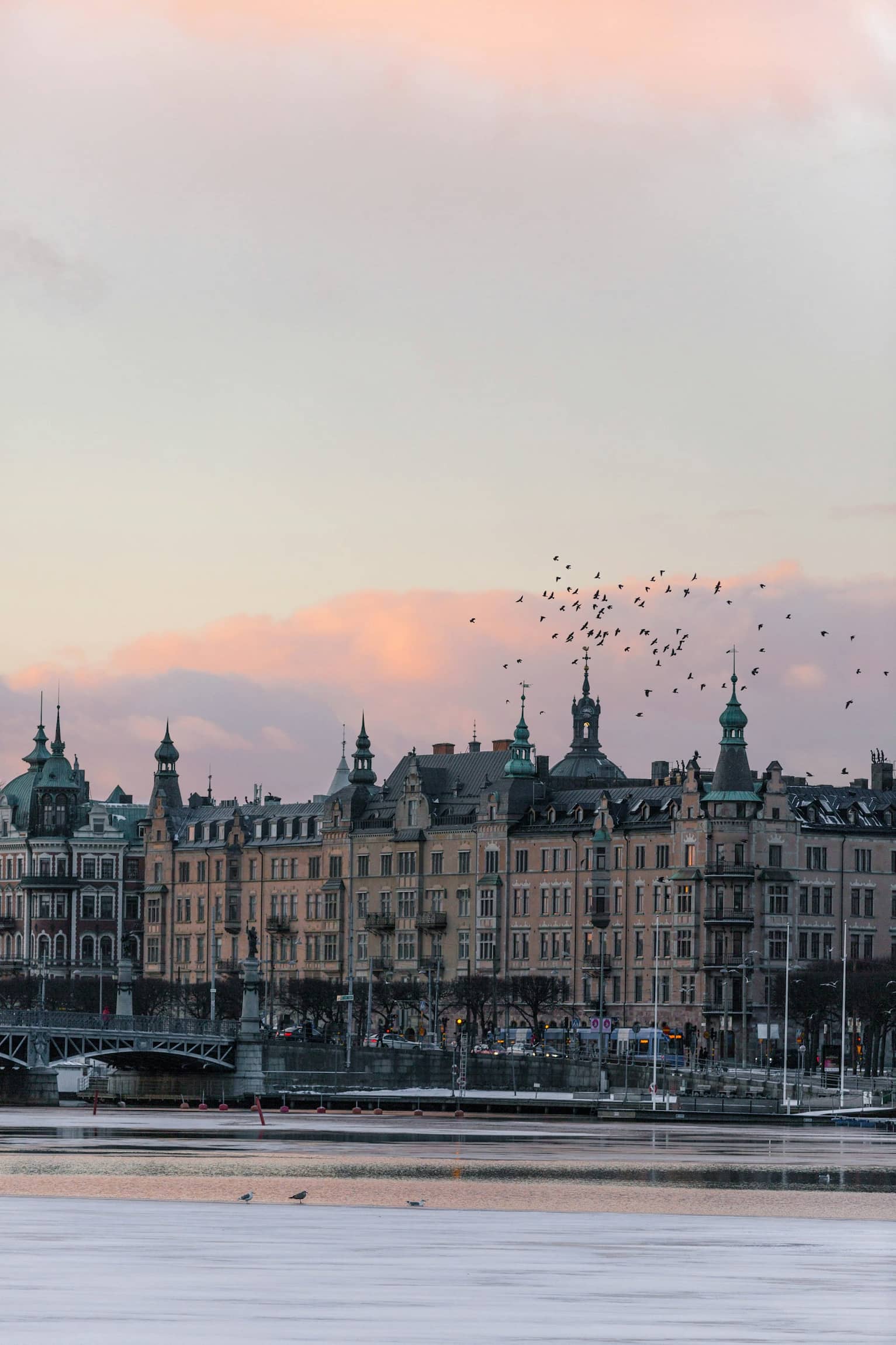 Image of Stockholm skyline in sunset.