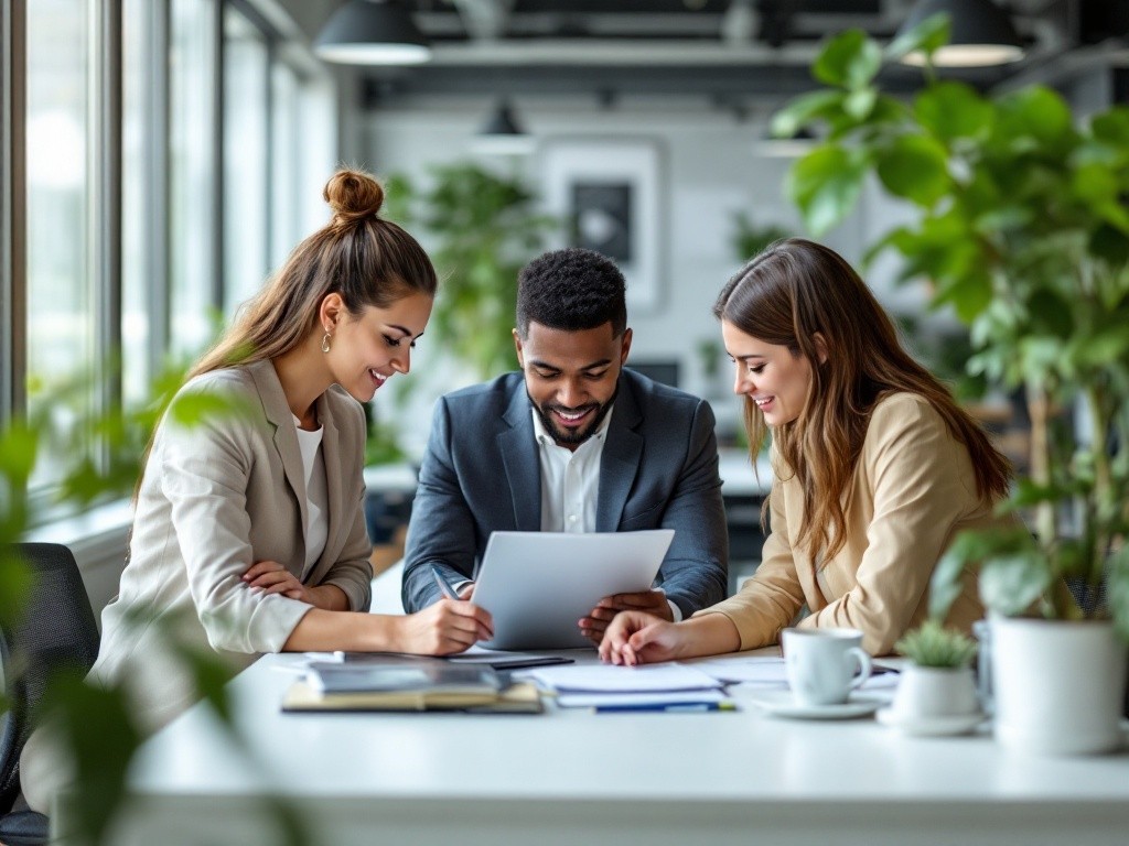 one man and two women in a business setting looking at a booklet