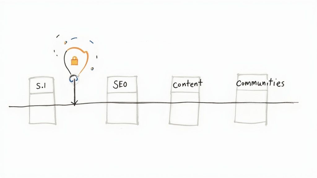 A group of people collaborating on building a digital marketing plan on a whiteboard.