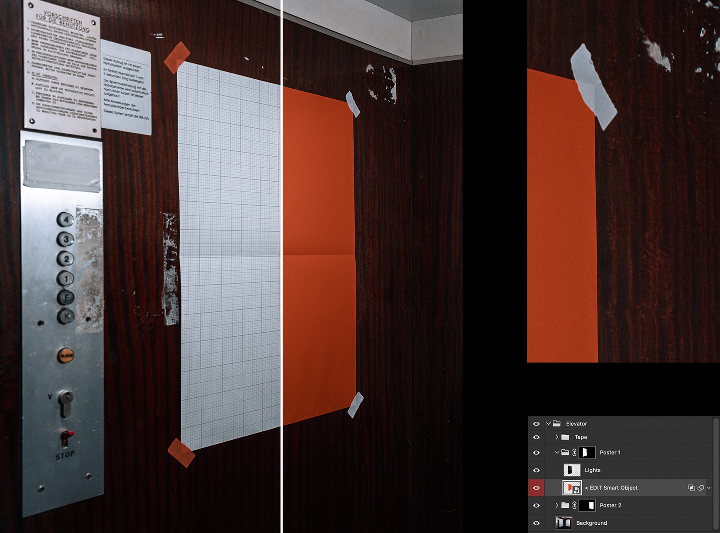 Elevator Poster Mockup detail view highlighting the Photoshop smart object grid and organized layer panel for editing