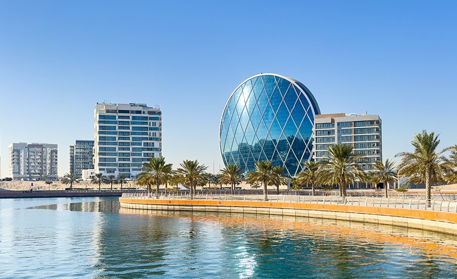 Close-up of Al Dar HQ, key office space Abu Dhabi. Establish presence with virtual offices Abu Dhabi.