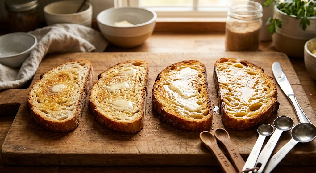 Four slices of artisan toast in a row on a wooden board, showing increasing levels of melting butter from left to right, next to measuring spoons and a butter knife.