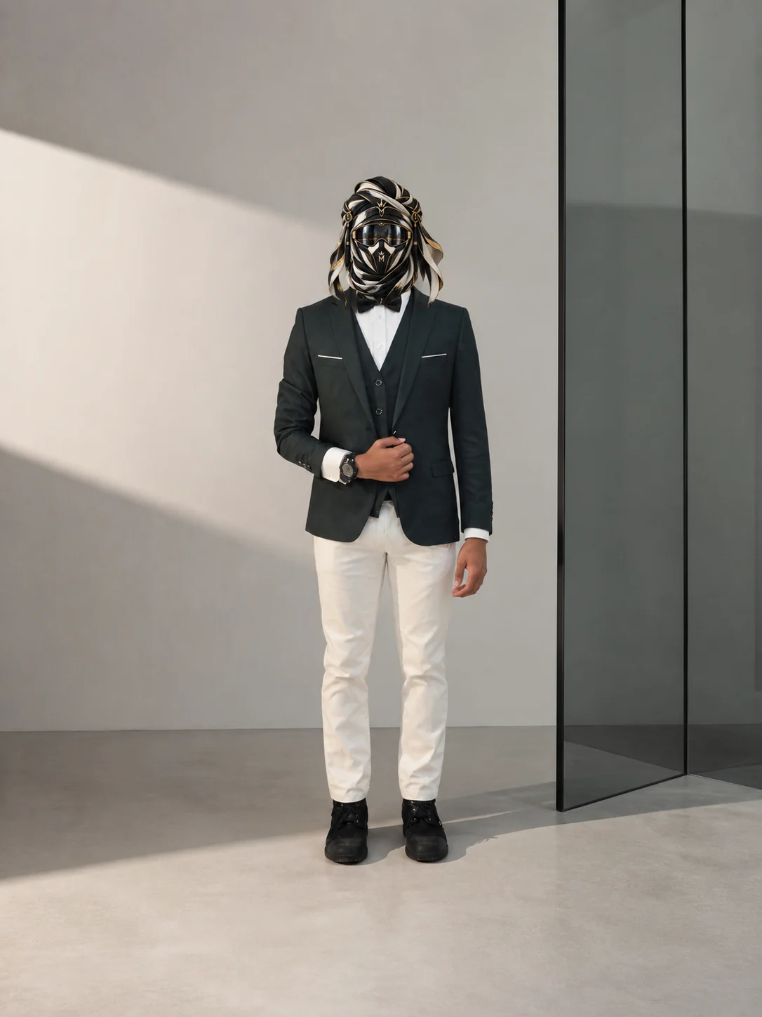Full-length view of Black Over White, a black tailored jacket and bow tie worn with white trousers and black shoes, with the official Marzelest face covering.