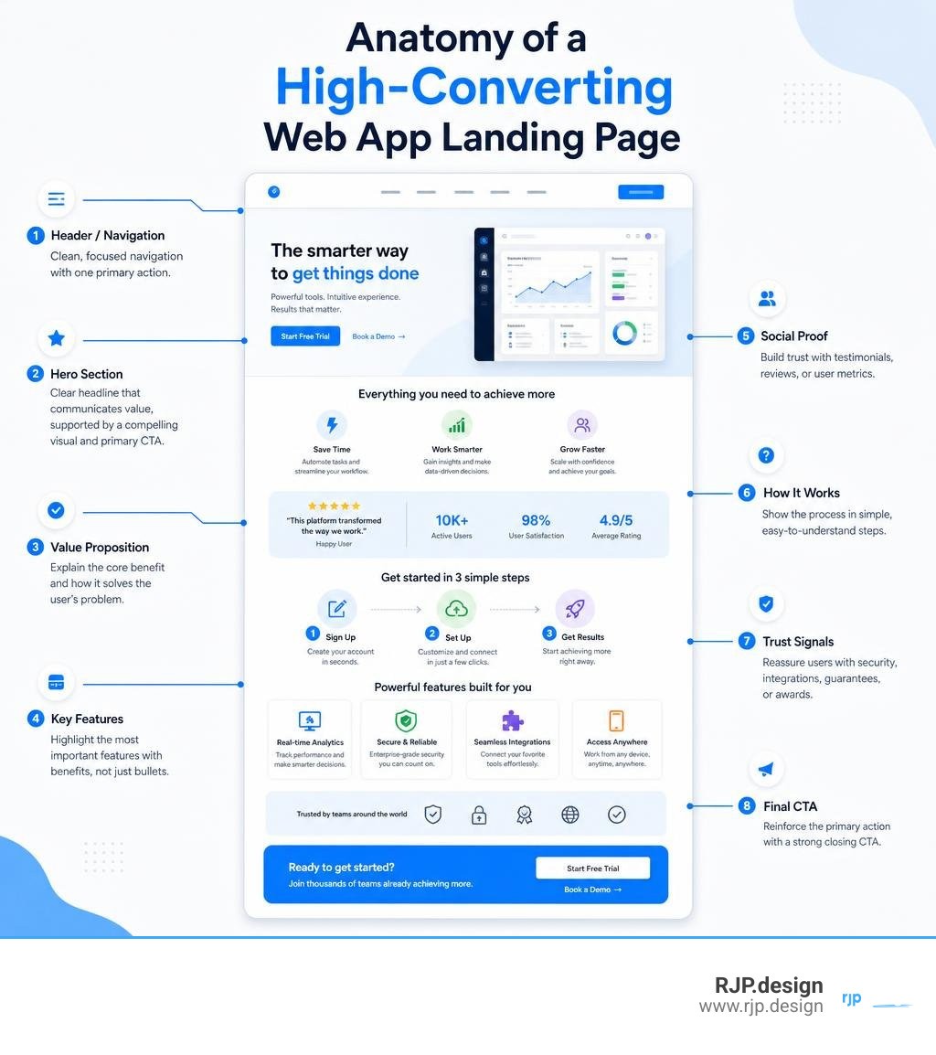 Anatomy of a high-converting web app landing page with key sections labeled infographic