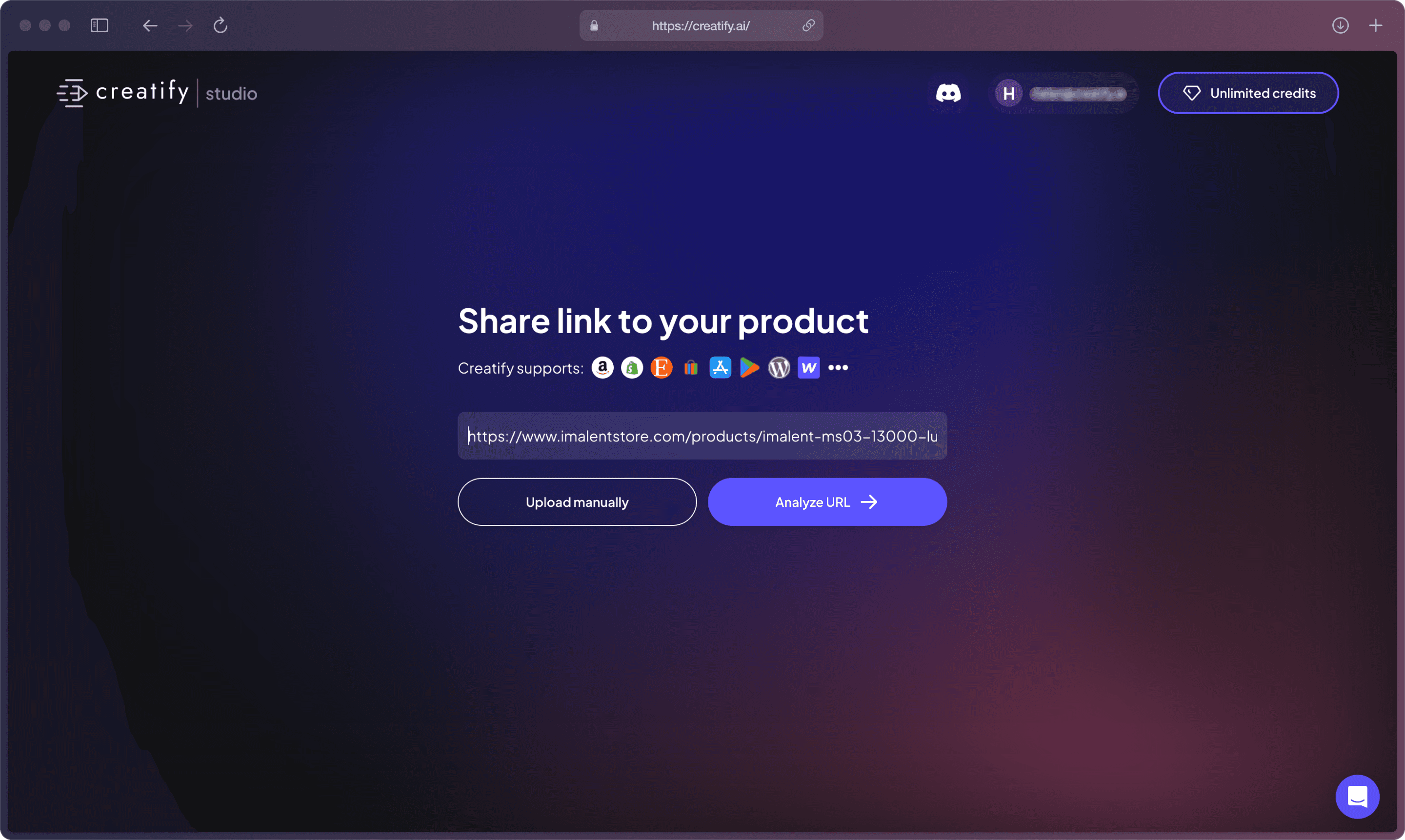 A screenshot of Creatify AI app on the “Share link to your product” page with an e-commerce product’s website link pasted into the “Product URL” bracket.