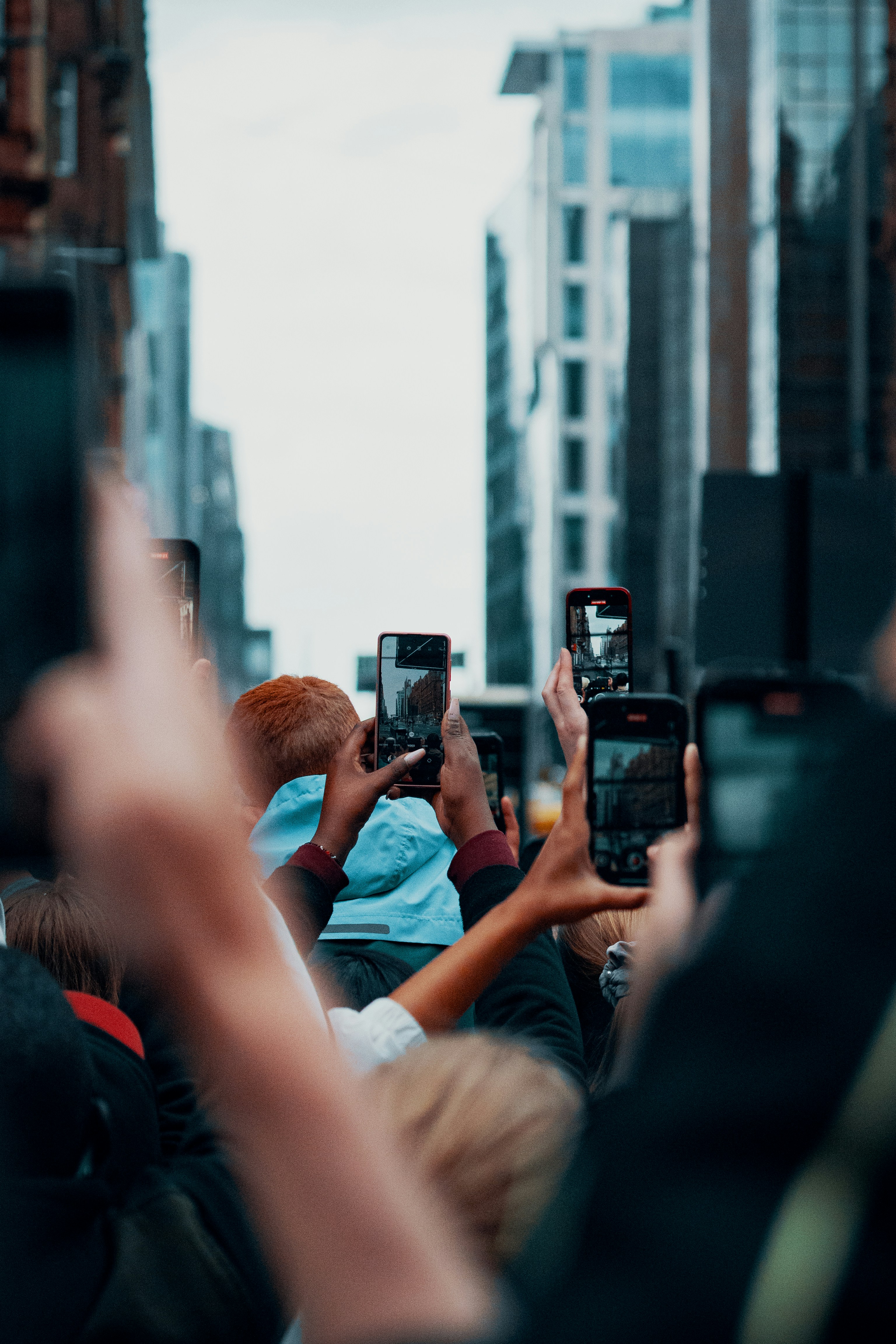 Crowd holding up smartphones to record an event
