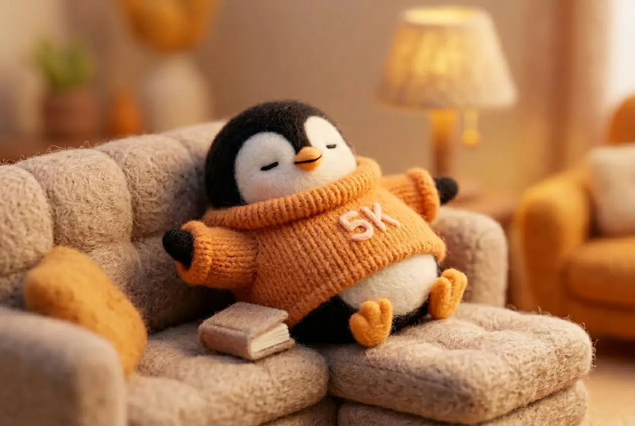 A wool felt penguin in an orange sweater relaxing on a cozy couch with a book, representing the importance of rest days in training