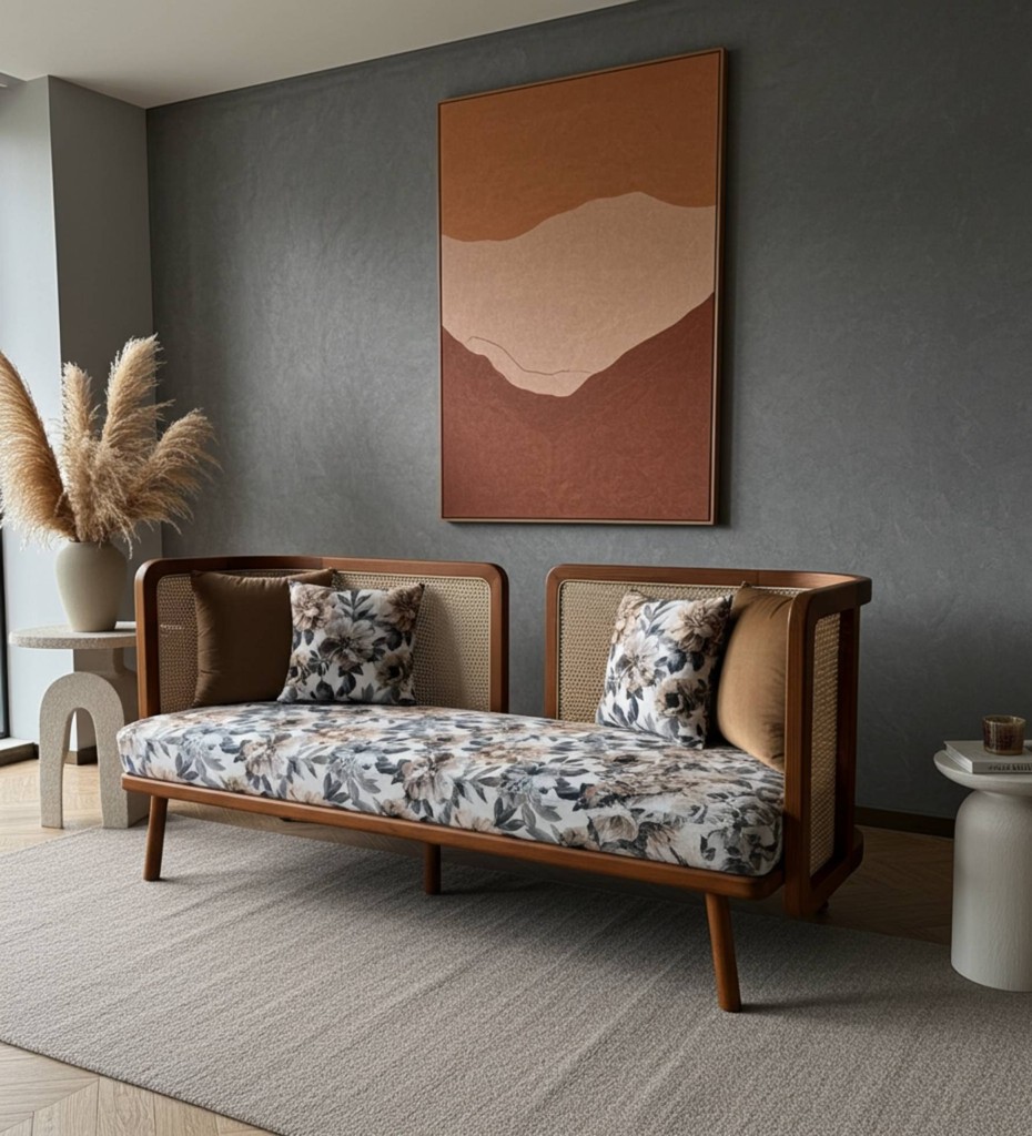 Luxury contemporary cane sofa with teal upholstery and wooden frame