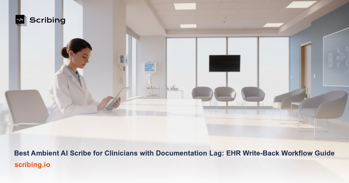 Modern clinical workspace illustrating ambient AI scribe technology reducing documentation lag for physicians