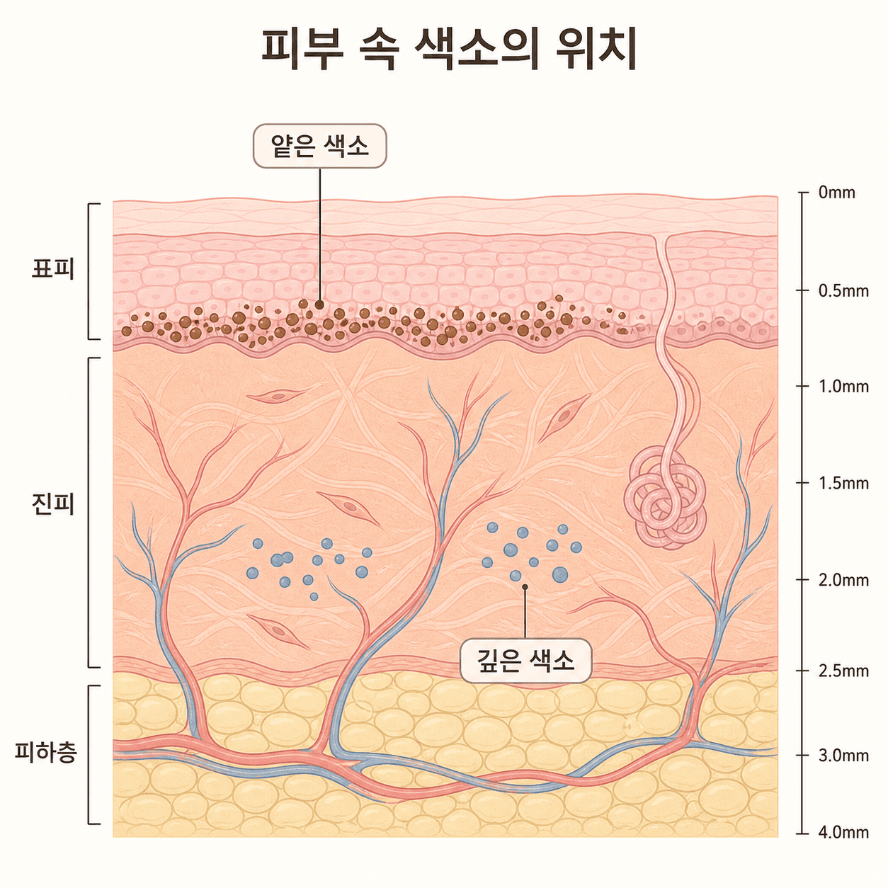 색소가 놓인 깊이에 따른 표피와 진피 단면