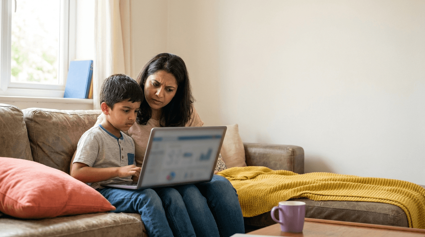 Parent and child looking at a laptop while exploring questions about AI in classrooms