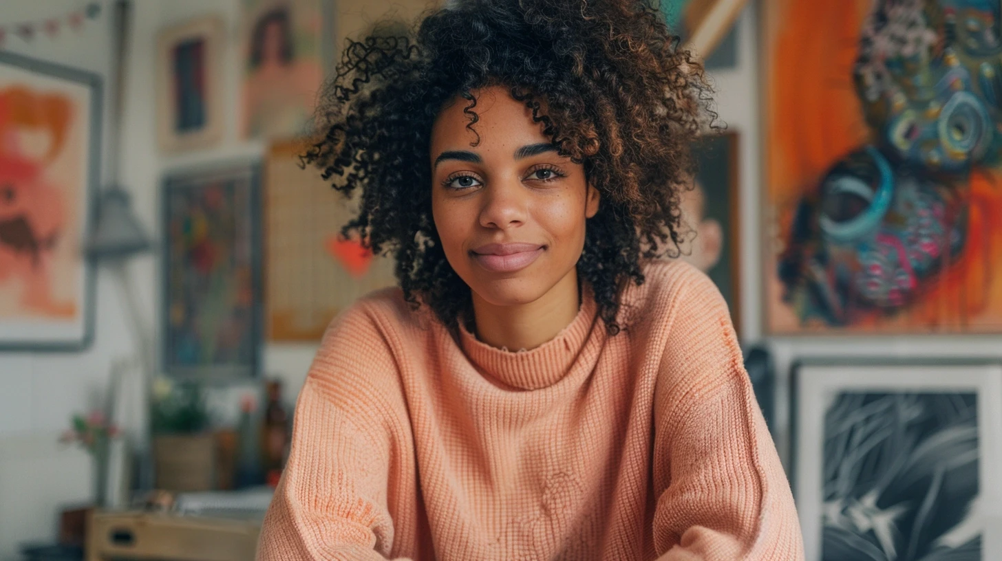 A young woman with curly hair wearing a peach sweater smiles softly while sitting in an art-filled studio.