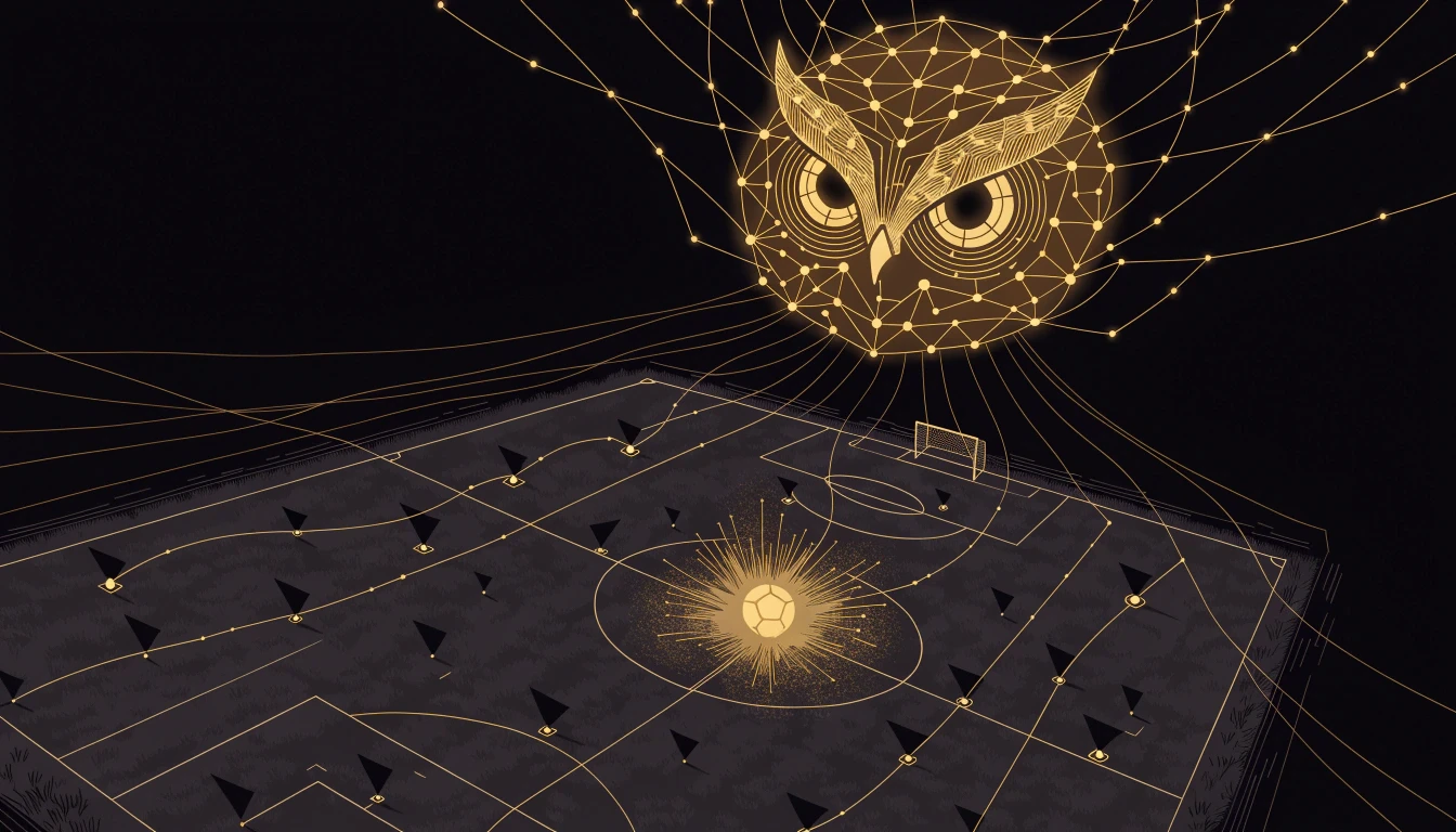 Illustration of a golden owl-shaped neural network above a dark football pitch, with gold data lines tracing passes and player movement across it