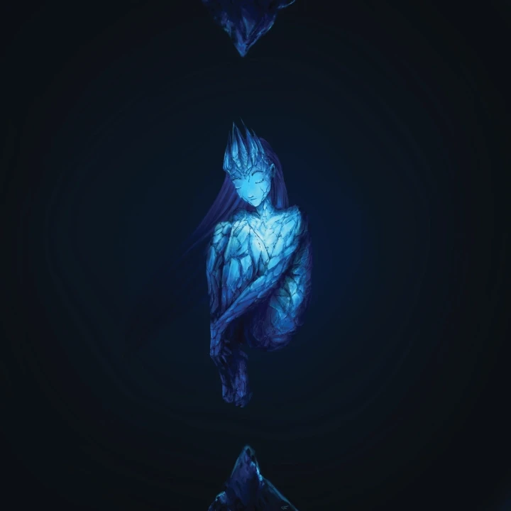 Painting of a woman made from blue ice, hovering curled up and asleep between a stalagmite and stalactite.