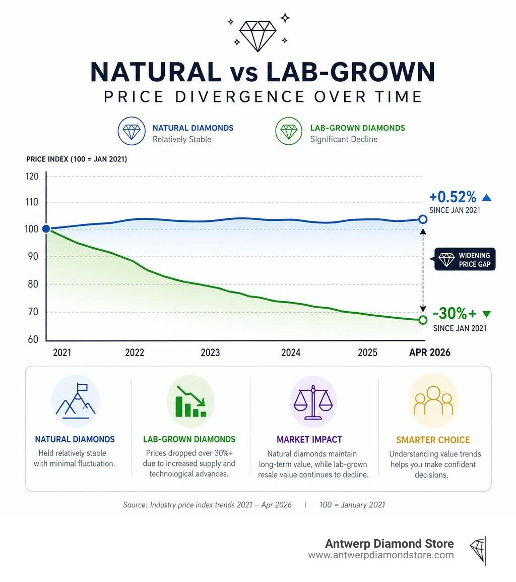 Infographic tracking natural vs lab-grown price divergence trends over time infographic