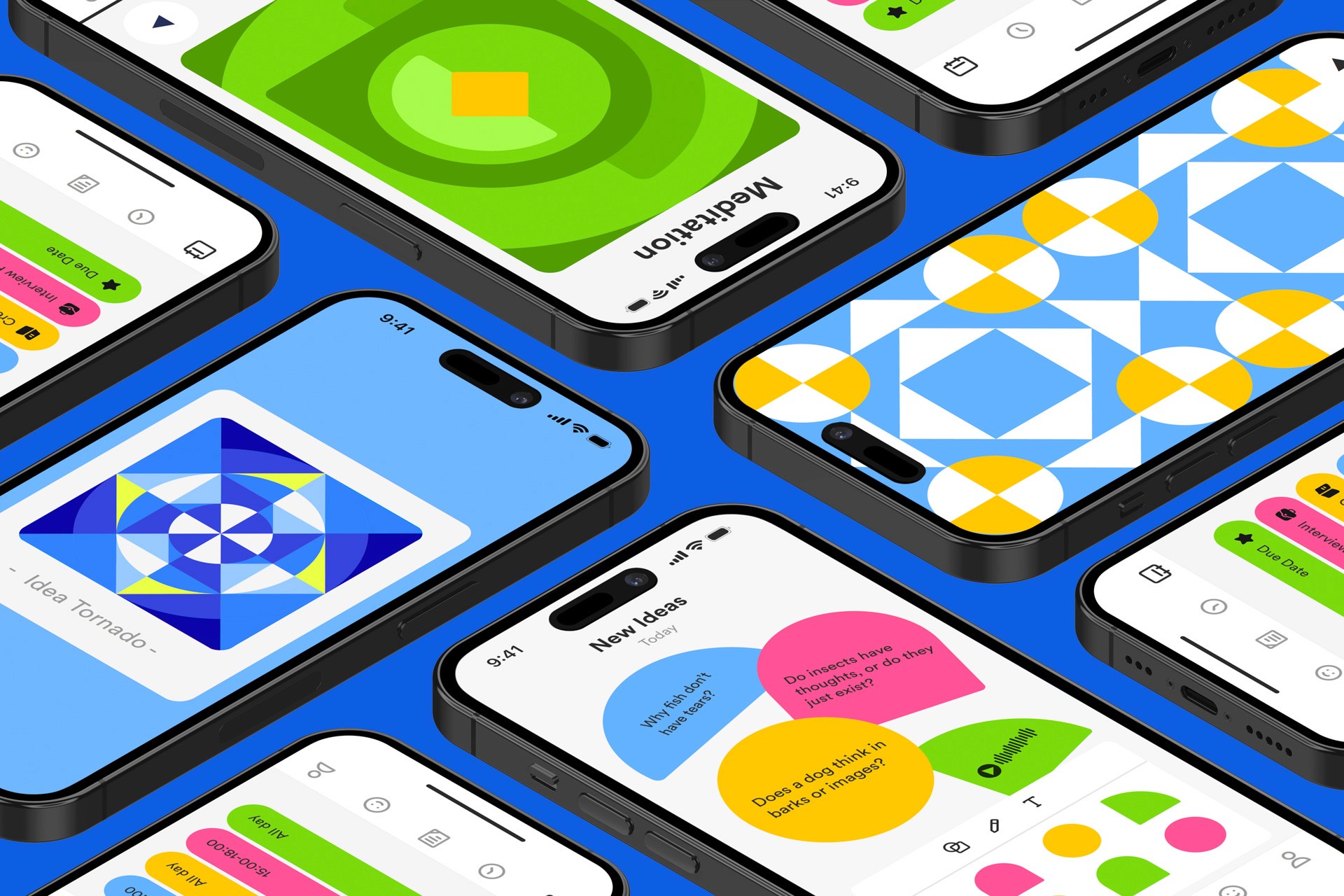 Several smartphones are displayed on a blue surface, each showing different apps. The top row features “Meditation,” “Idea Tornado,” and “New Ideas.” The bottom row includes “New Ideas,” “Idea Tornado,” and “Idea Tornado.” Each phone displays a colorful, geometric design on its screen.