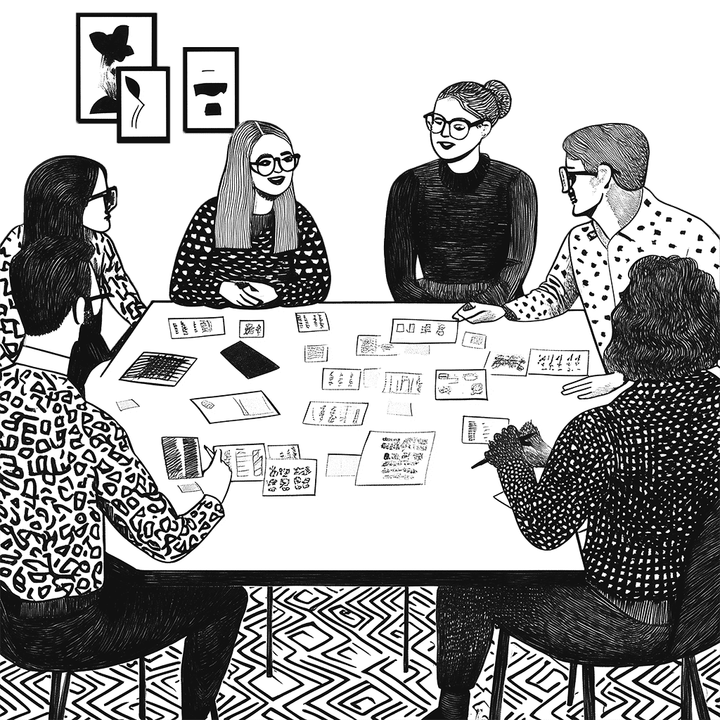 Team meeting around a table, brainstorming with sticky notes. Discussion and collaboration among colleagues.