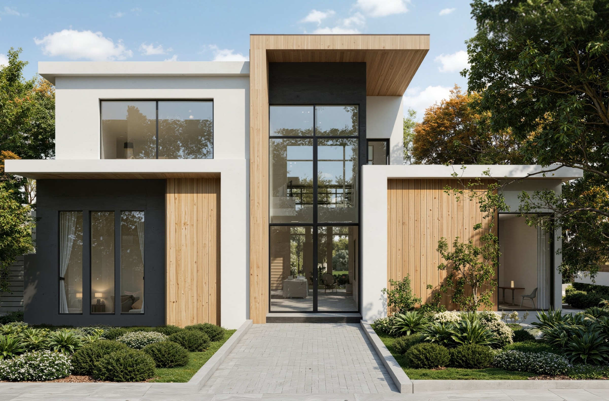 Modern two-story house with large glass windows, light wood and white exterior, surrounded by landscaped greenery and trees.