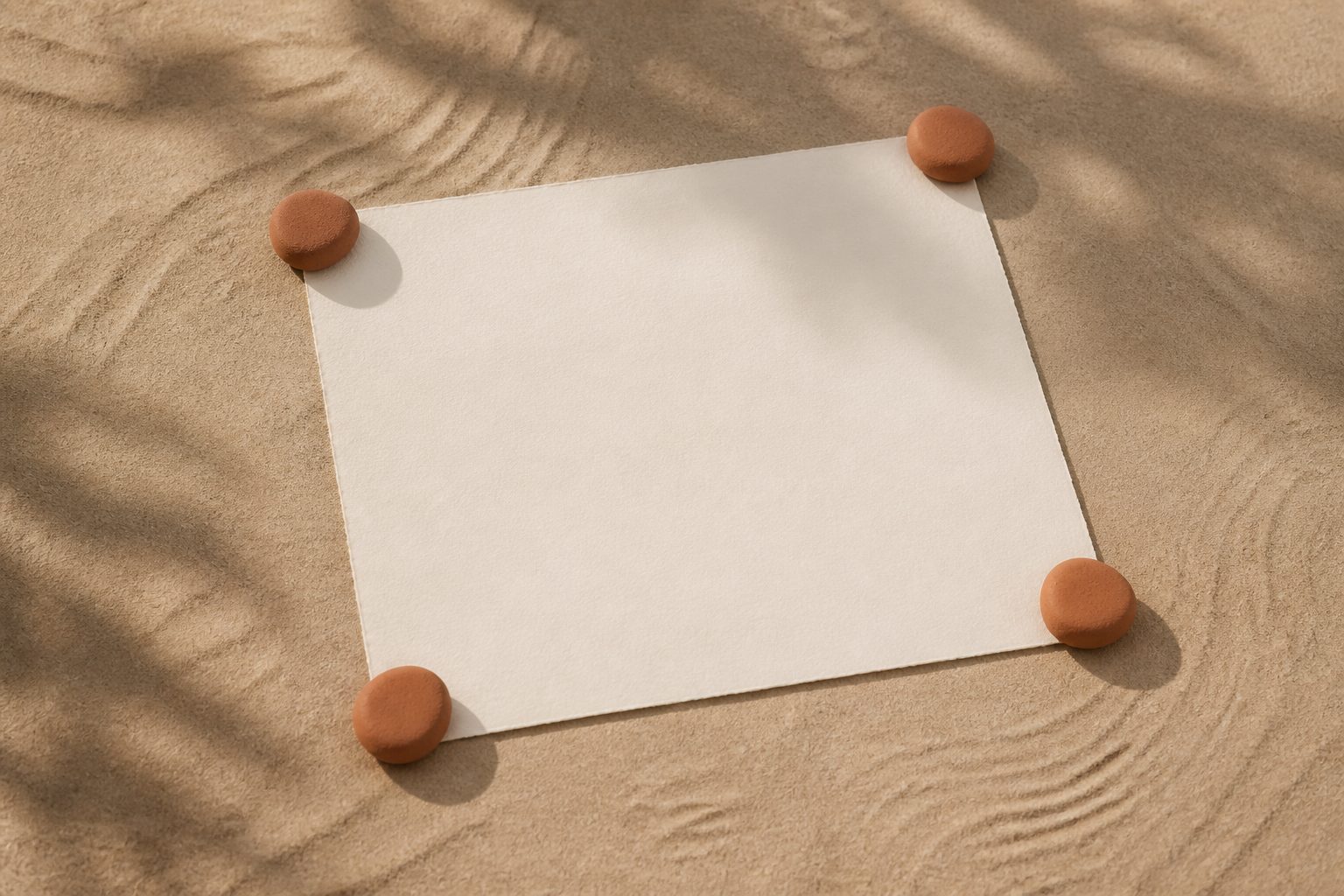 A cream document pinned at all four corners by small clay-colored weights